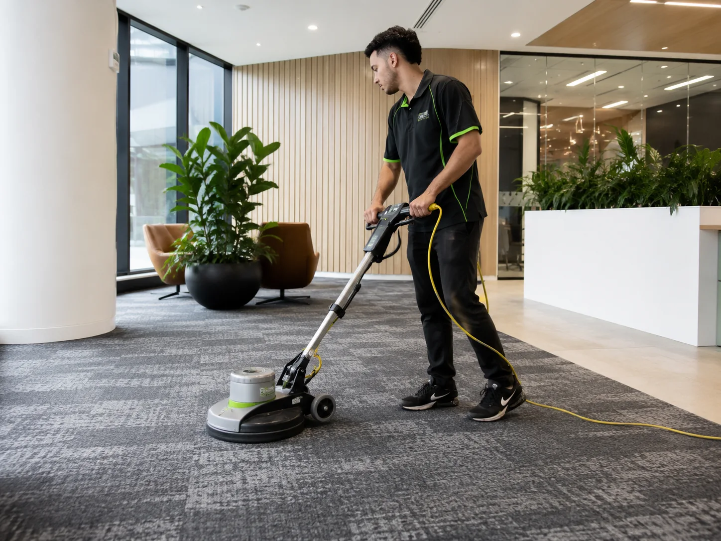 Low-moisture dry carpet cleaning in a commercial property