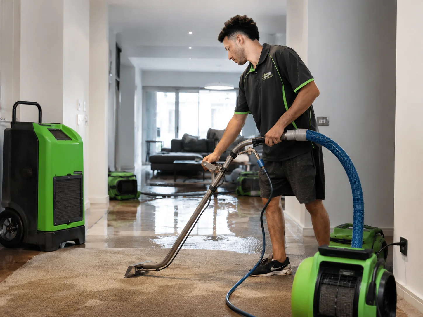 Professional water damage restoration equipment in a Gold Coast home