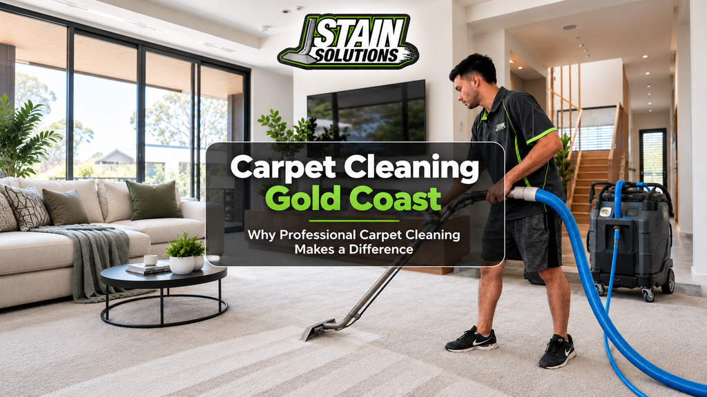 Professional carpet cleaning technician using extraction equipment in a modern Gold Coast home for Stain Solutions Carpet Cleaning Gold Coast.
