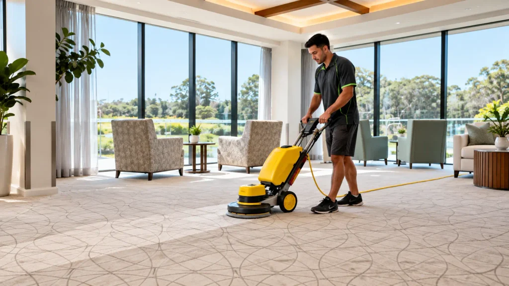Dry Carpet Cleaning vs Steam Cleaning on Gold Coast: How Low-Moisture Carpet Cleaning Works 3 technician cleaning a bright modern lounge